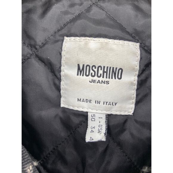 Moschino Jeans Black Quilted Studded Print Denim Trucker Jacket Size 34 - Picture 2 of 6
